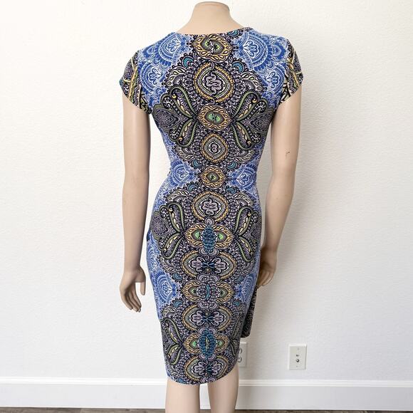 [Cache] Blue Brown Faux Wrap V-Neck Paisley Knot Waist Dress Work Size Small S - Picture 2 of 10